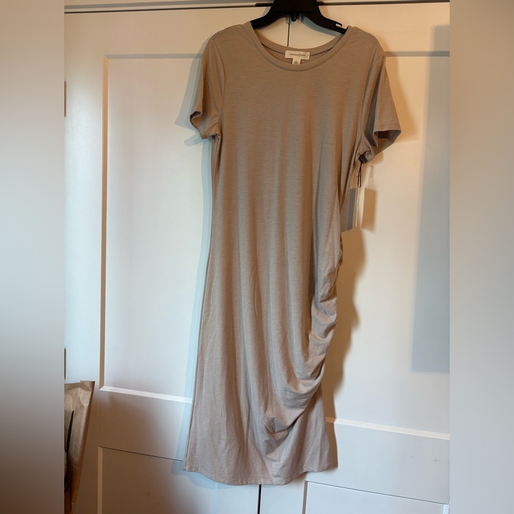 Treasure‎ & Bond Tan Asymmetrical Ruched Midi Dress Short Sleeve Crew Neck Large